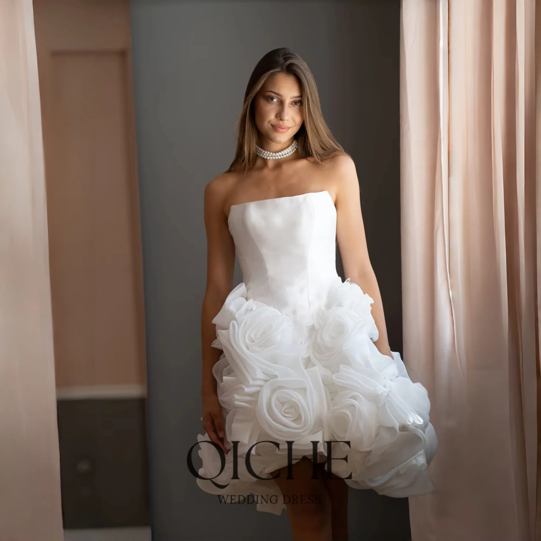 QICHE Modern Flowers Short A-Line Wedding Dresses 2026 Boat-Neck Sleeveless Open Back Bridal Gown Customized Vestidos De Novia