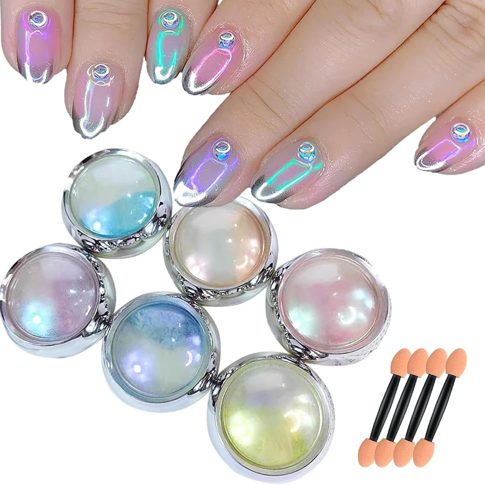 

6PCS/Set Aurora Mirror Nail Glitter Powder Rubbing Dust Pigment, Chrome Iridescent Holographic Nail Art Decorations for Manicure