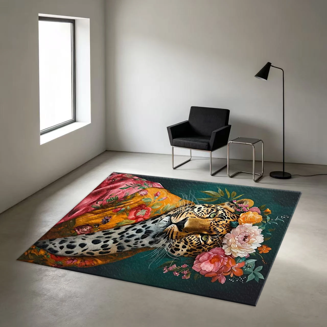 Artistic Leopard Print Floral Carpet with Creative Animal Patterns, Non-Slip Decorative Rug Suitable for Home Living Spaces