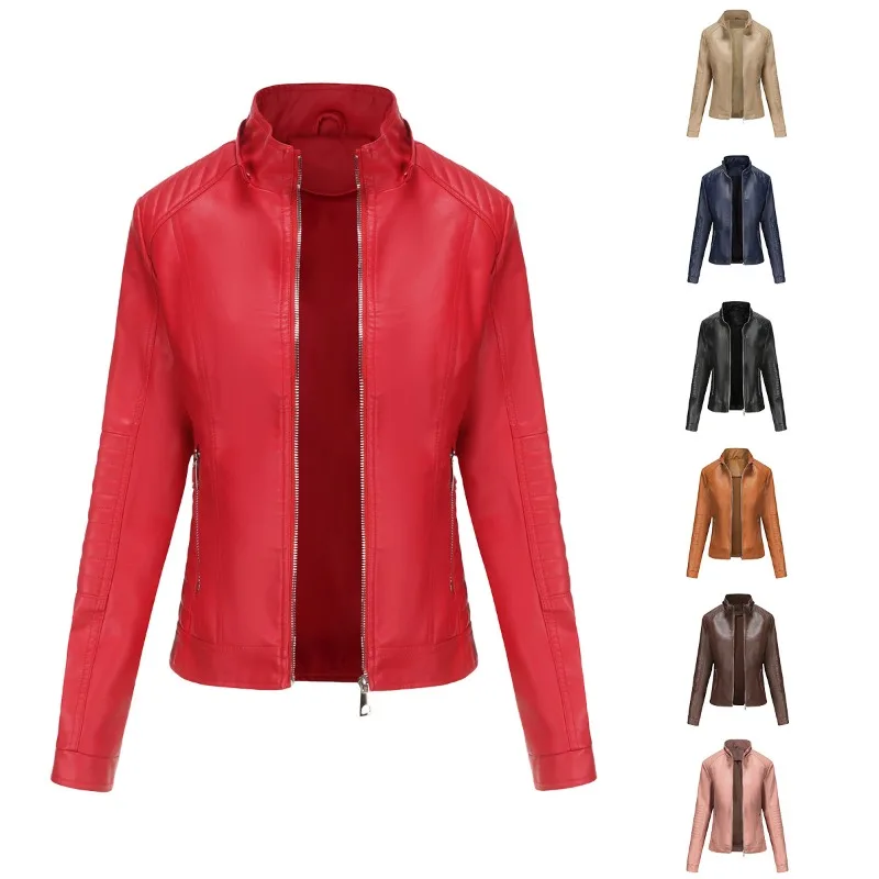 Red Women Hooded PU Jacket Hat Removable Windproof Short Tops Zippers Pockets Women's Coat  Black Blue Coffee Khaki Pink S-XXXL