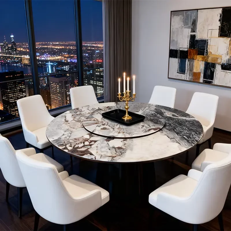 Modern Grey White Round Marble Dining Table With Turntable Design for Home or Hotel for Dining Room Furniture