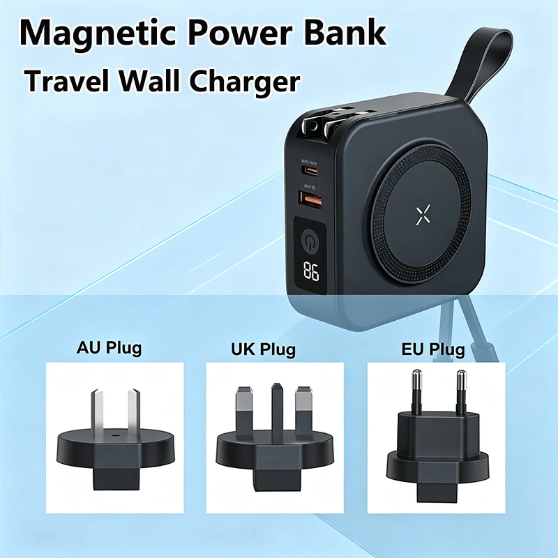 5 in 1 Magnetic Wireless Charger with Cable Stand Plug Wall Charger Power Bank 22.5W Fast Charging for iPhone 17 Samsung Xiaomi