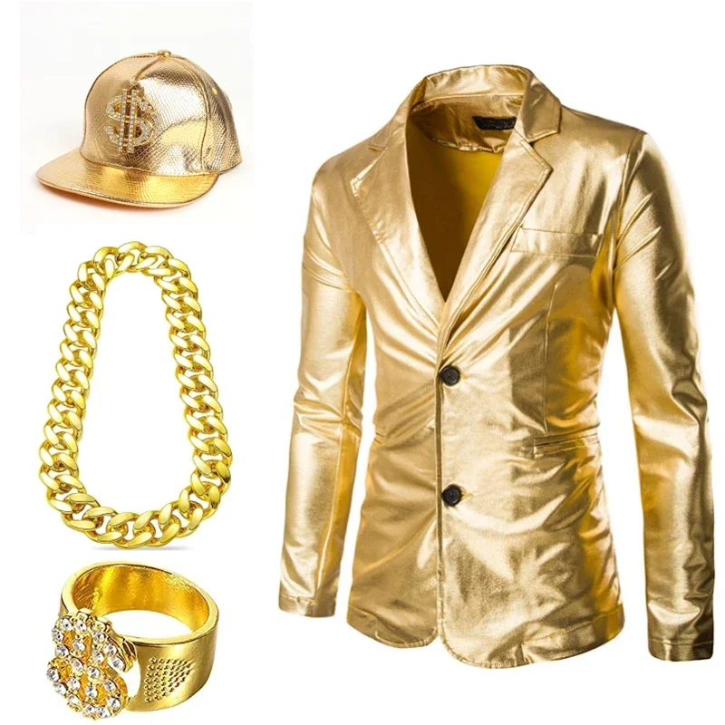 

80-х 90-х годов хип-хоп костюмы наряд поддельная золотая цепочка ожерелье знак доллара кепка ювелирный комплект аксессуары для рэпера Хэллоуин вечерние золотые комплекты