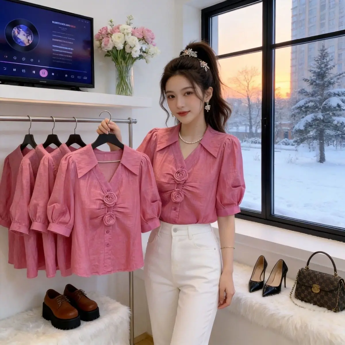 

Fashionable V-Neck Short Sleeve Shirt Women's Summer Unique Floral Print Pink Top Stylish Versatile Loose Fit French Style