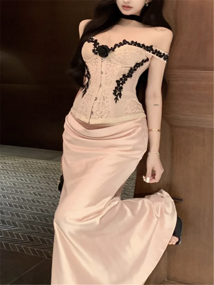 Set di abiti in due pezzi da donna rosa stile palazzo francese Set di camicette in pizzo con spalle scoperte da 2 pezzi per celebrità vintage + set di gonne lunghe sottili a vita alta