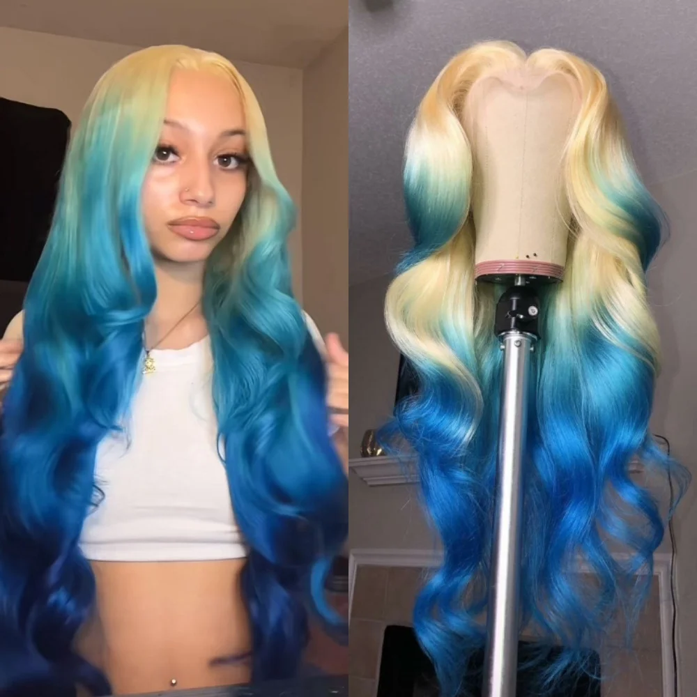 

Highlight Blue Body Wave Lace Front Wigs 13x4 Hd Lace Front Wig Synthetic Lace Frontal Wig 200 Density Preplucked Cosplay Party