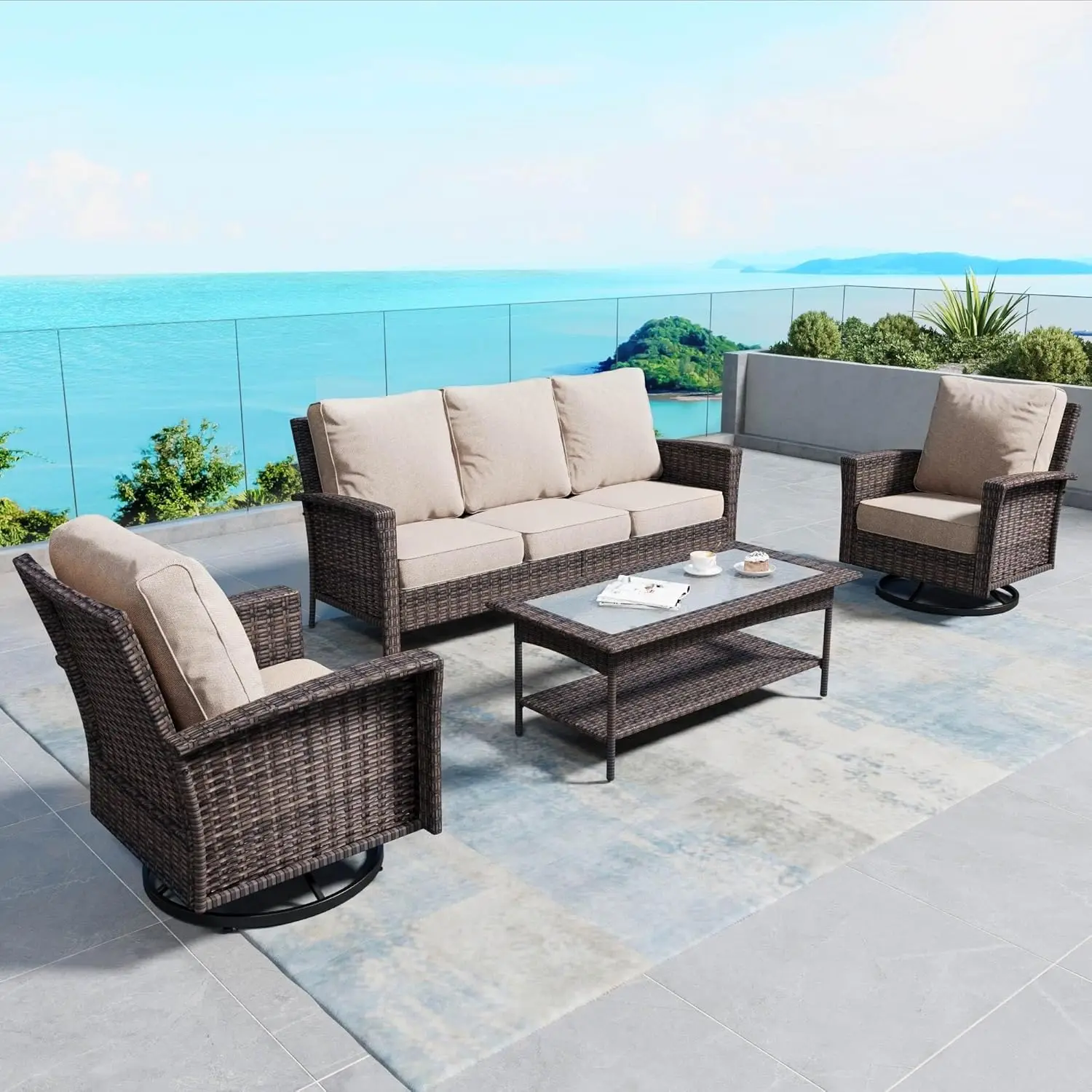 

4 Pieces Patio Furniture Set With Swivel Chairs, High Back Wicker Rattan Sofa With Extra Thick Cushion And Coffee, Customized