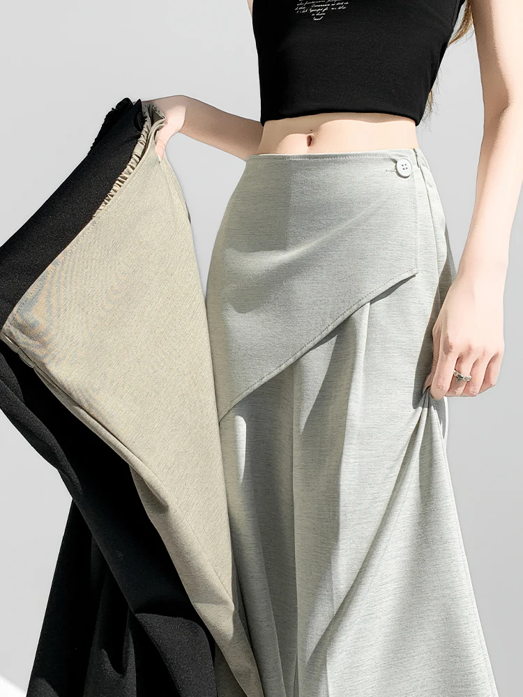 

Женские летние брюки с высокой талией, широкими штанинами и драпировкой, новинка, повседневные брюки-палаццо в пол, асимметричные, для офиса и повседневной носки