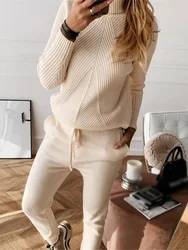 TAOVK-Women's Knitted Tracksuit Monochromatic Striped Turtleneck Sweater and Elastic Trousers 2-Piece Set Autumn and Winter