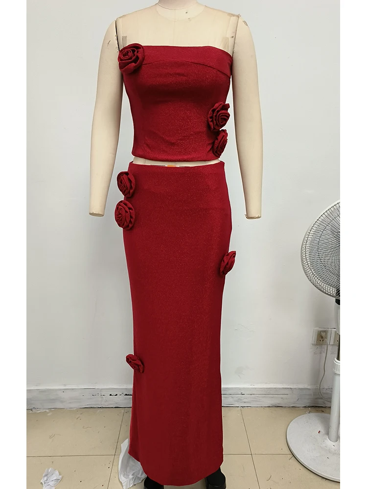 Модная женская красная укороченная юбка без бретелек, комплект из двух предметов, сверкающие розовые украшения, сексуальный и элегантный стиль для вечеринки, клуба, ночи