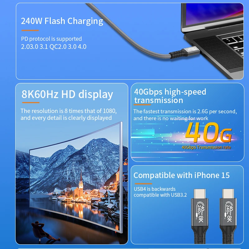 USB4 Cable 40Gbps 8K@60Hz Thunderbolt 4/3 Cable 240W Fast Charging Braided High Speed USB-C Video Cord Compatible with MacBook view 5