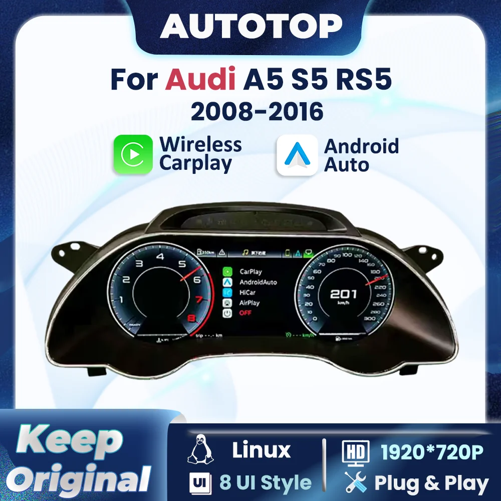 Tableau de bord numérique sans fil CarPlay Android Auto Linux 12,3 pouces pour Audi A5 S5 RS5 2008-2016, compteur de vitesse, cockpit virtuel, groupe d'instruments