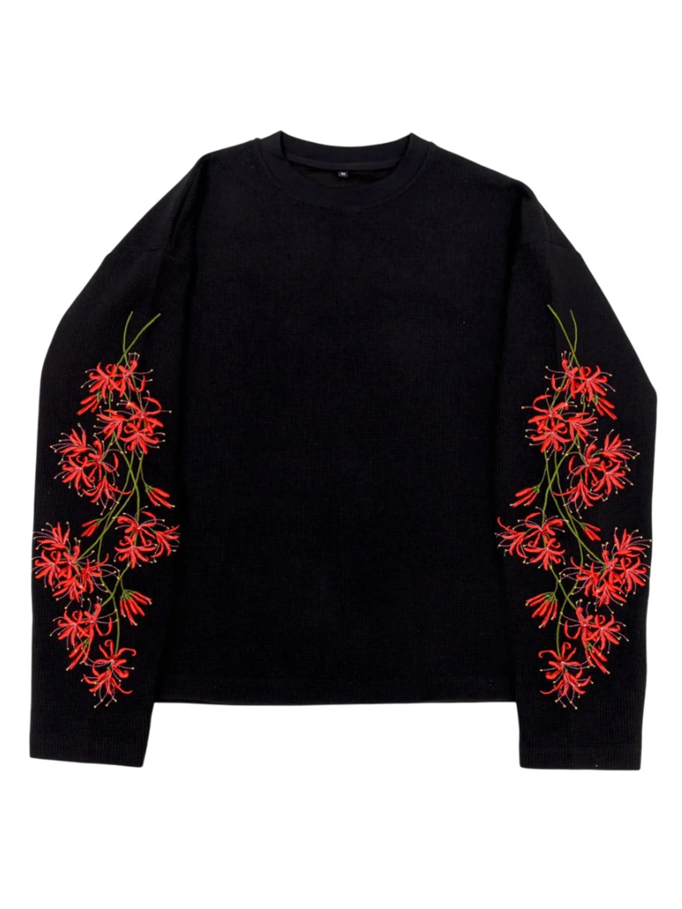 Chinese Style Lycoris Radiata Embroidery Long Sleeve T‑Shirt Waffle Texture Round Neck Casual Tops