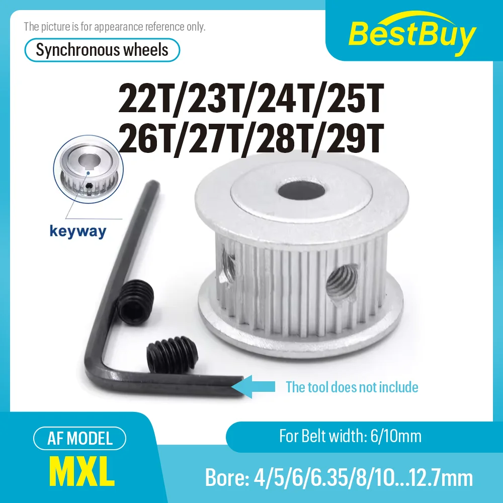 

MXL AF Type Timing Pulley 22T-29T Teeth Bore 4mm-12.7mm for 6mm-10mm Belt Linear Pulley Use Durable for MXL Belt System