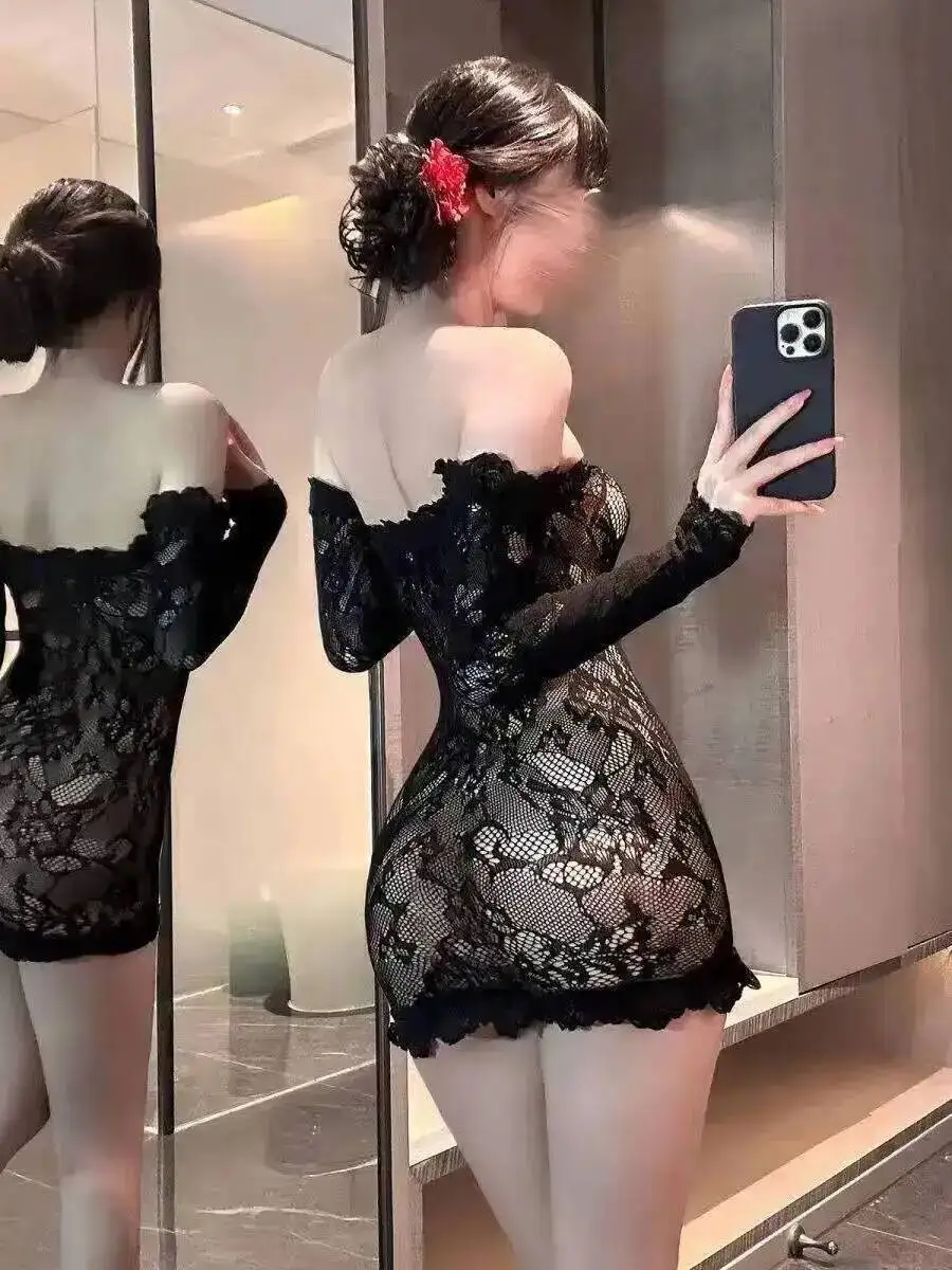 Lila Sexy One-Shoulder-Spitze Nachtclub Pure Desire Hot Girl Tube Top Mesh Kleid Elegante Nachtwäsche Mesh Spitze Sheer Sexy XHI5