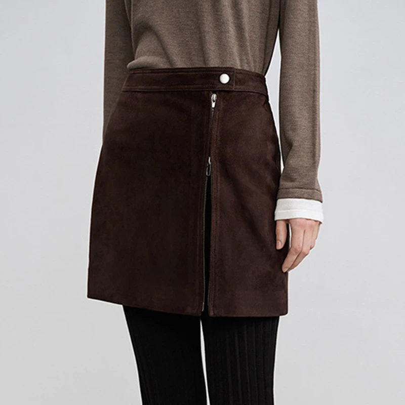 Suede Leather Mini Skirt for Women Autumn Korean New Simple Two-Way Zippers Versatile Wrap Faldas Mujer Pink Short Cargo Skirt