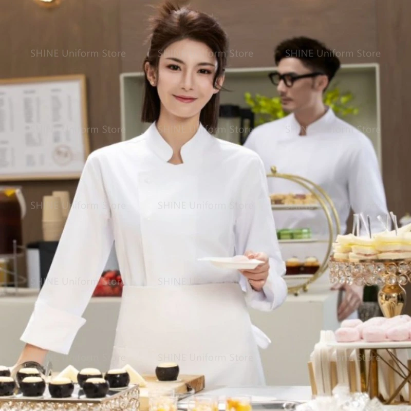 Uniforme de Chef para hombre, chaqueta de Chef con delantal, abrigo de cocinero de restaurante de manga larga, camiseta de Chef, uniforme de trabajo, ropa de Hotel de camarero con logotipo