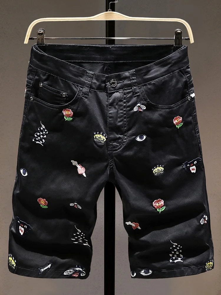 

Casual Bla Men's ort Pants Floral Embroidery Five-Point Thin Summer Elastic Slim Fit Versatile Mid-Calf Length Cotton Blend