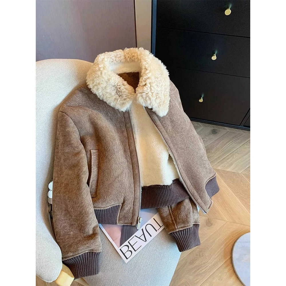 

Женская кожаная куртка из верблюжьей шерсти ягненка в стиле пэчворк, винтажная осенняя куртка, уличная одежда, свободная верхняя одежда, одежда 2000-х годов, зима 2025