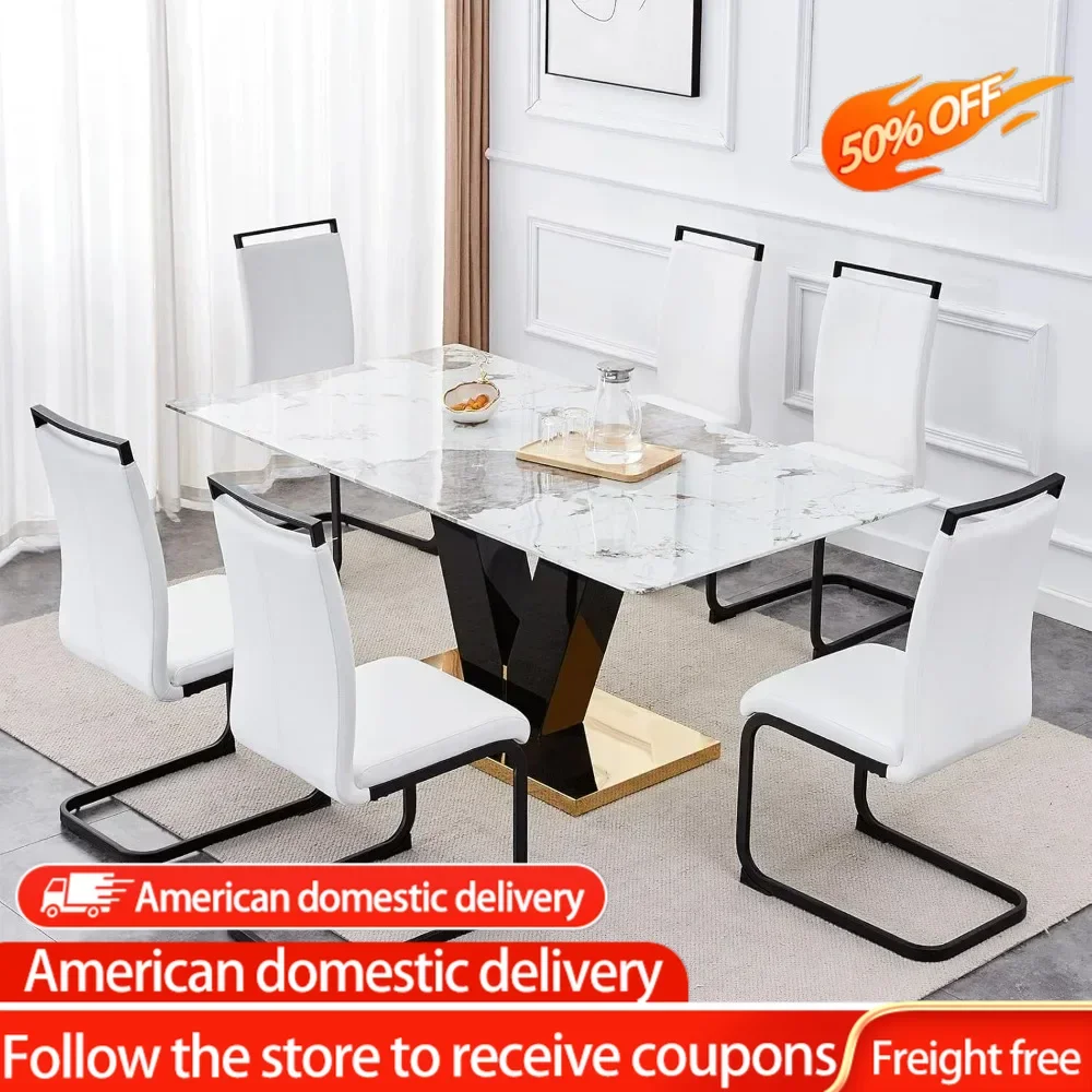 Dining Table Set for 6,Modern Marble Dining Table Set,71'' Rectangular Glass Kitchen  with Gold Stainless Steel Base,