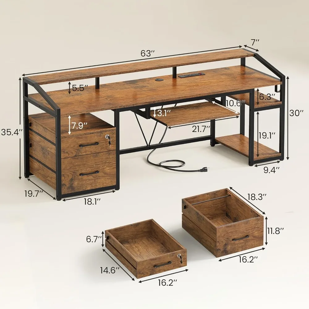 مكتب كمبيوتر مقاس 63 بوصة، مكتب مع أدراج قفل لملف قانوني/حروف، مكتب ألعاب مع ضوء LED ومخرج طاقة، مكتب منزلي #2