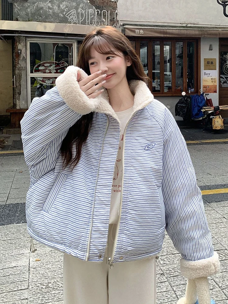 Cute Faux Lamb Parkas Women Winter Warm Preppy Style Striped Cotton Coat Fashion Thick Double Sided Loose Stand Collar Jacket