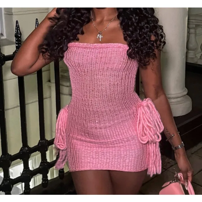 Strapless Bodycon Dress Women Summer 2025 Sexy Off Shoulder Backless Tassel Skinny Hip Hottie Midnight Party Mini Short Skirt