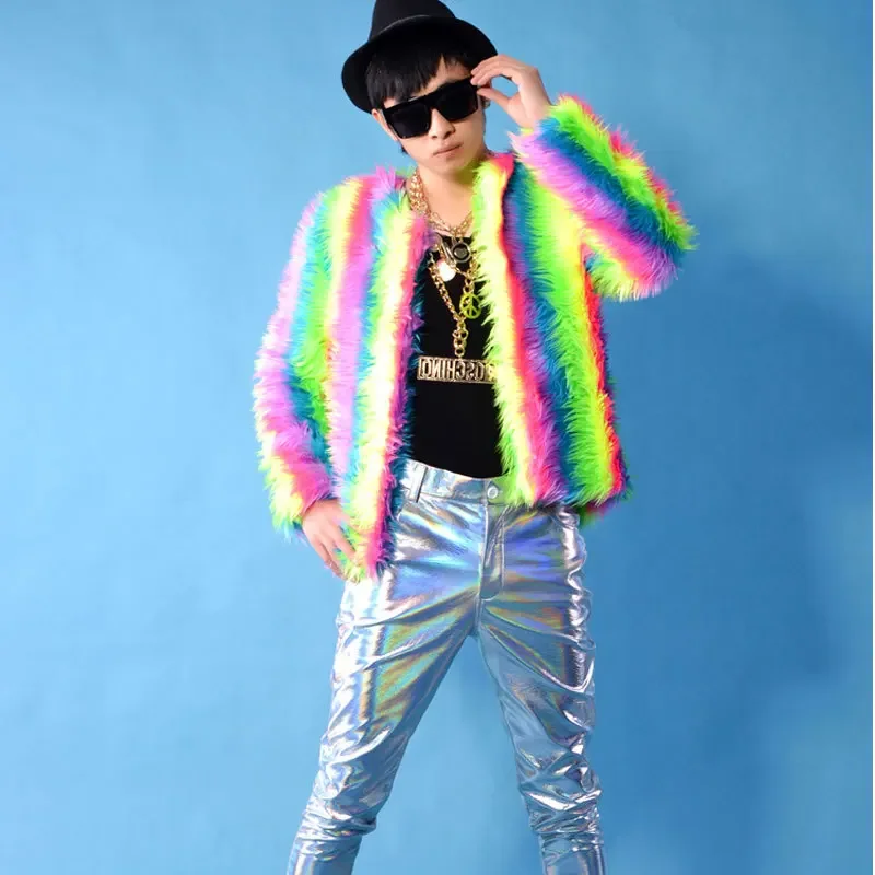 Men Clothing O Neck Cardigan Faux Fur Jackets Long Sleeve Patchwork Loose Open Stitch Fur Autumn High Street Slight Strech