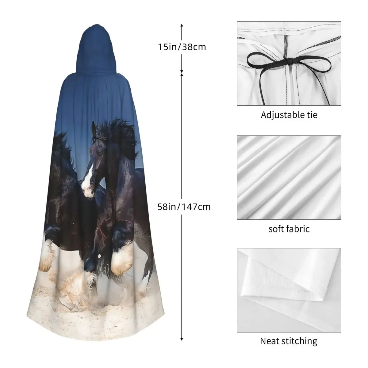 Horse Herd Black Horses Galloping Sand Sky Long Hooded Cloak Witch Medieval Costume Cosplay Cape HalloweenCoat Adult Unisex