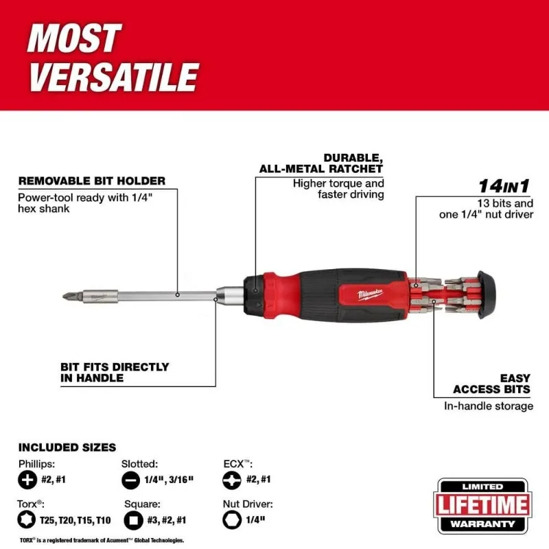 Milwaukee 48-22-2913/48-22-2903 8-in-1/14-in-1 Ratcheting Multi-Bit Screwdriver Hand Tool