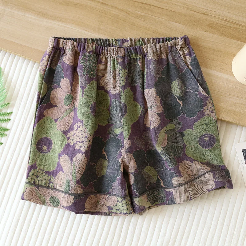 2024 New Summer Women\'s Pajamas 100% Cotton Shorts Yarn-dyed Jacquard Shorts Women\'s Loose Home Pants Thin Home Pants Pajamas