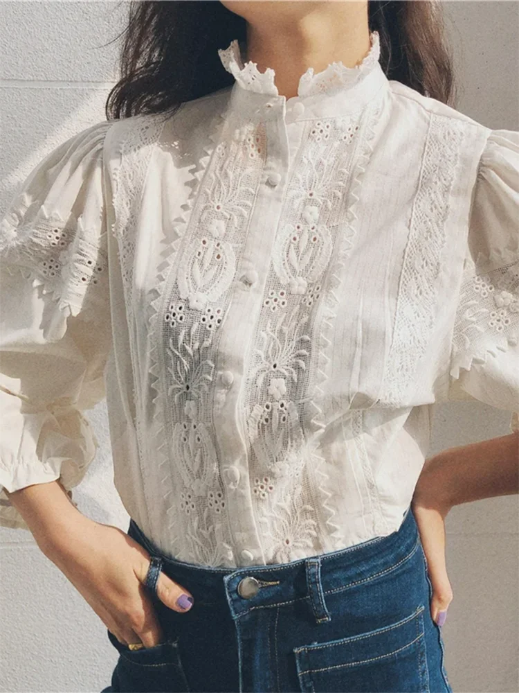 GypsyLady Boho Embroidery Lace Chic Blouses Shirts Summer Spring Women Cotton Linen Long Sleeve Beige Ladies Shirt Tops Blouses