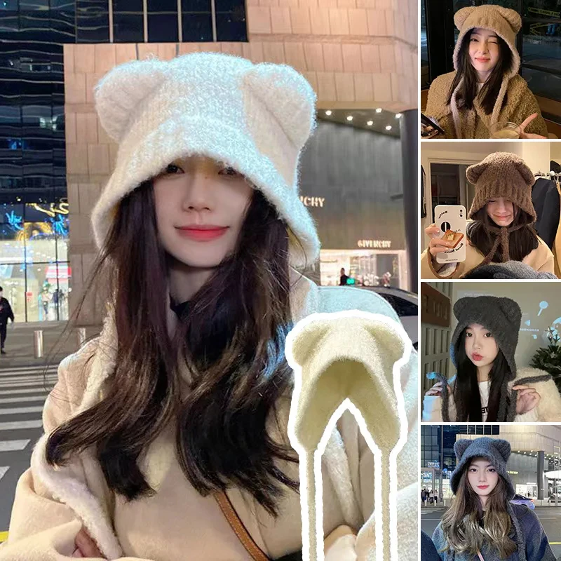 

Cute Girl Knit Ear Protection Hat Bear Women Earmuffs Cap Woolen Crochet Bonnet Solid Color Hood Beanies Winter Warm Headgear 모자