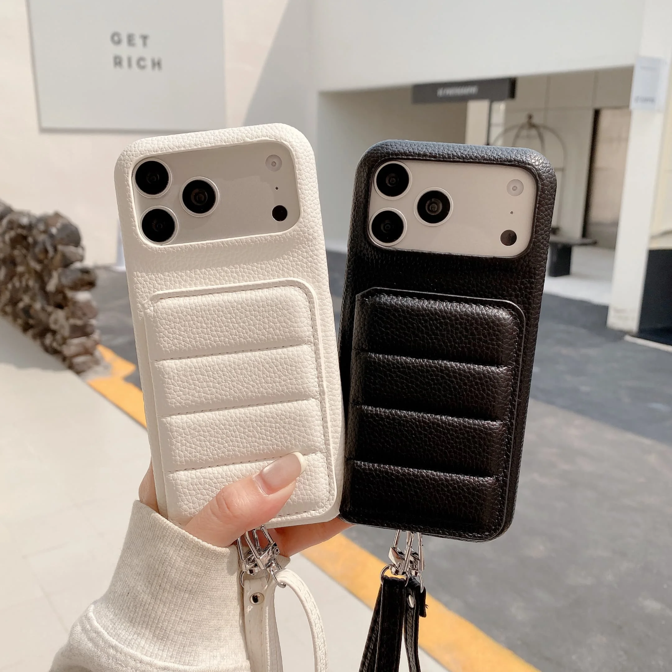 

Half Cover Leather Crossbody Holder Wallet Card Holder Phone Case for iPhone 17 Air 16E 16 15 13 12 14 11 Pro Max 8 Plus Cover