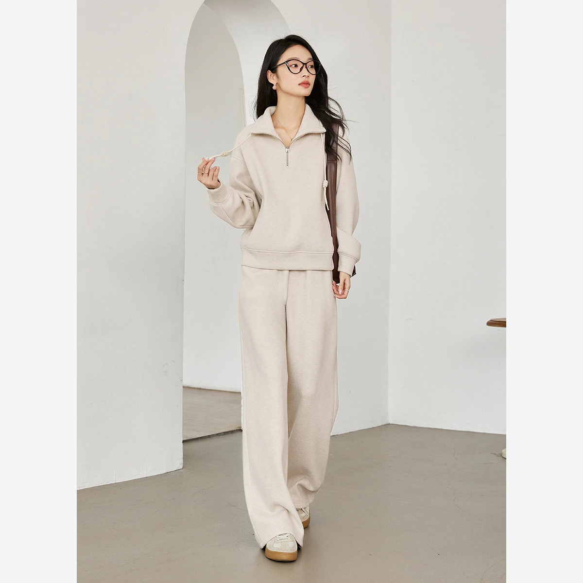 VIMLY 2 Pieces Pant Set for Woman Casual Draw String Fleece Lined Sweatshirts Long Pants Winter 2026 Female Knit Tracksuit M9271