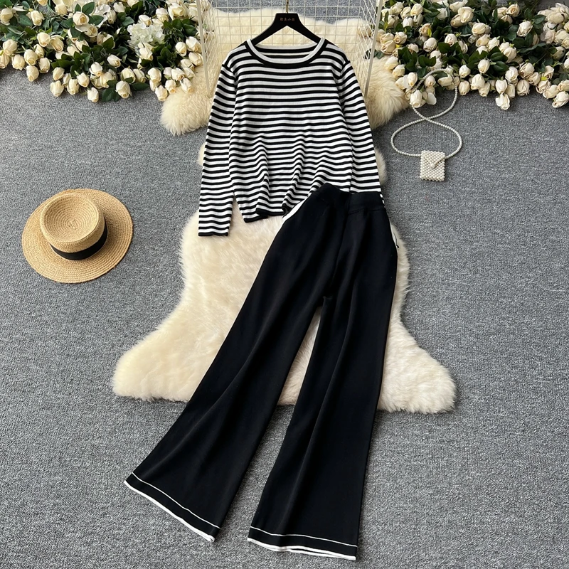 2 Piece Set Women's Outfit 2024 Autumn Winter New Style Round Neck Striped Knitted Sweater and High Waist Wide Leg Pants Suit