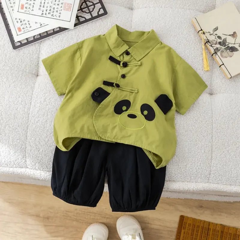 Children Cotton Summer Kids Boys Cartoon Green Panda Shirt Shorts Sport 2Pcs/Set Infant  Toddler Tracksuits 1 2 3 4 5  Years