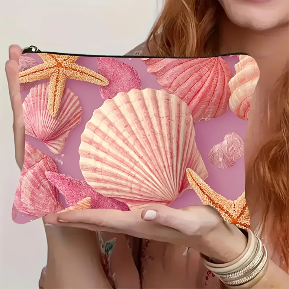 1 Piece Light-Colored Shell and Starfish Pattern Makeup Bag - Multifunctional Zipper Pouch for Women, Perfect Travel Zipper Storage Bag, Fun Birthday Gift