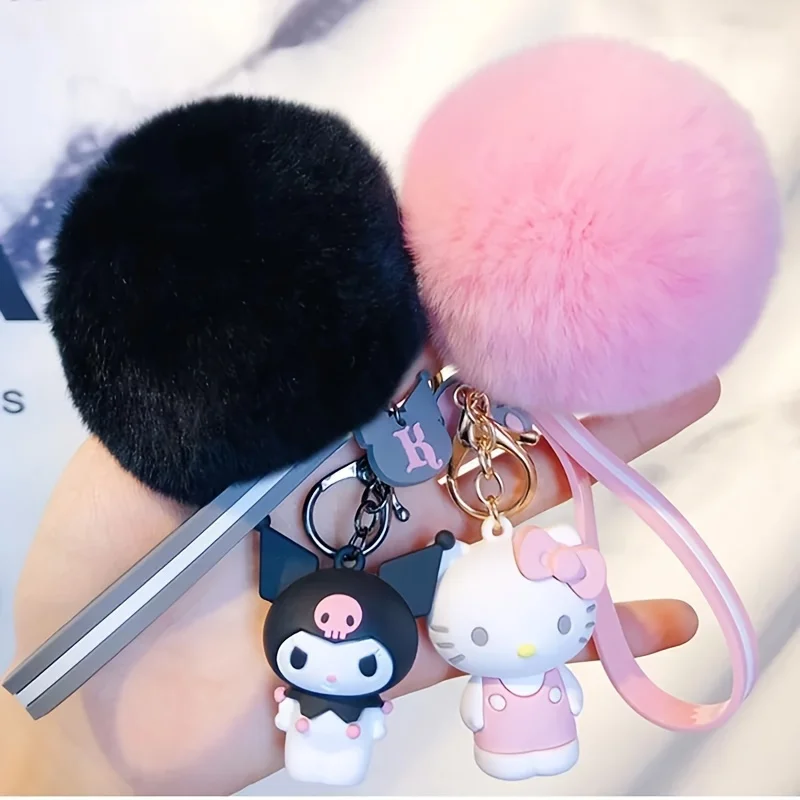 Sanrio Hello Kitty Kuromi Cute Keychain Rabbit Furball Women's bag Necklace Keyring Gift