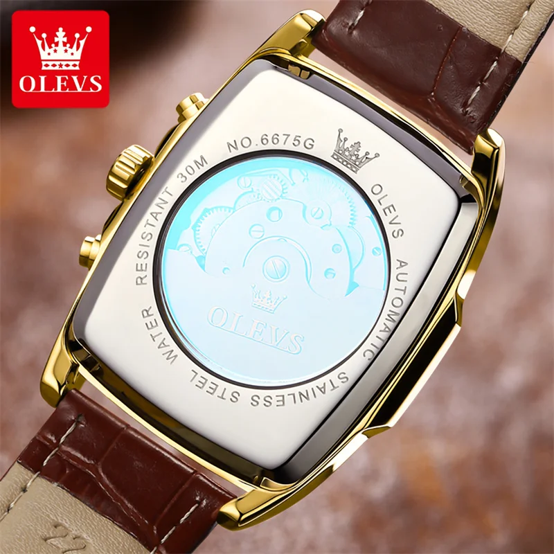 OLEVS Luxury Rectangular Dial Mechanical Watches Waterproof Leather Automatic Luminous Watch Business Men relogios masculino