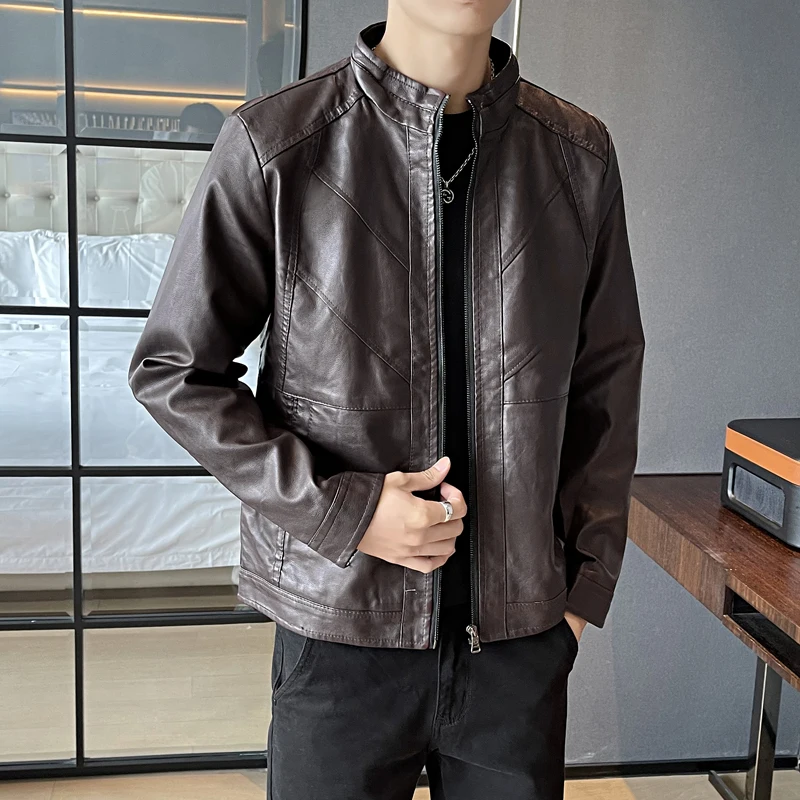 

New PU Leather Jacket Men's Lapel Fashion Slim Business Casual Motorcycle Suit Large Size chaqueta de hombre jaqueta masculina