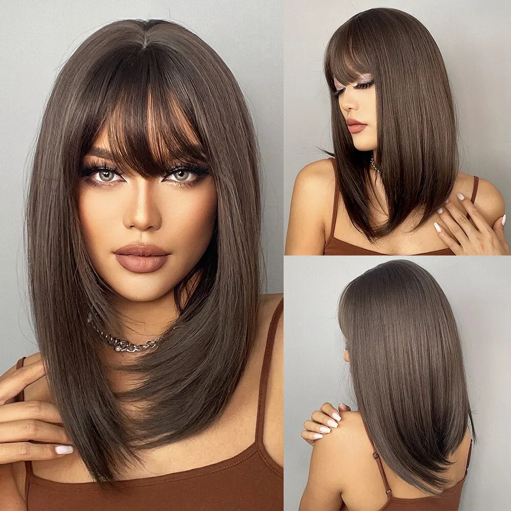 Brown Straight Synthetic Wigs With Bangs For Black Women Shoulder Length Bob With Dark Roots For Girl Daily Use Cosplay Wigs