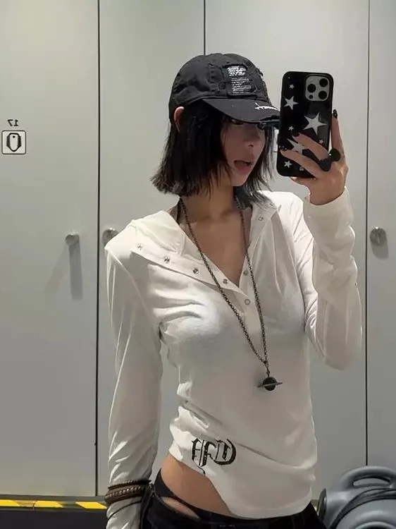 Retro American Long Sleeve Hoodie T-Shirt Women's Summer Slim Fit Printing Sexy Girl Sun Protection Shirt Korean Style Commute