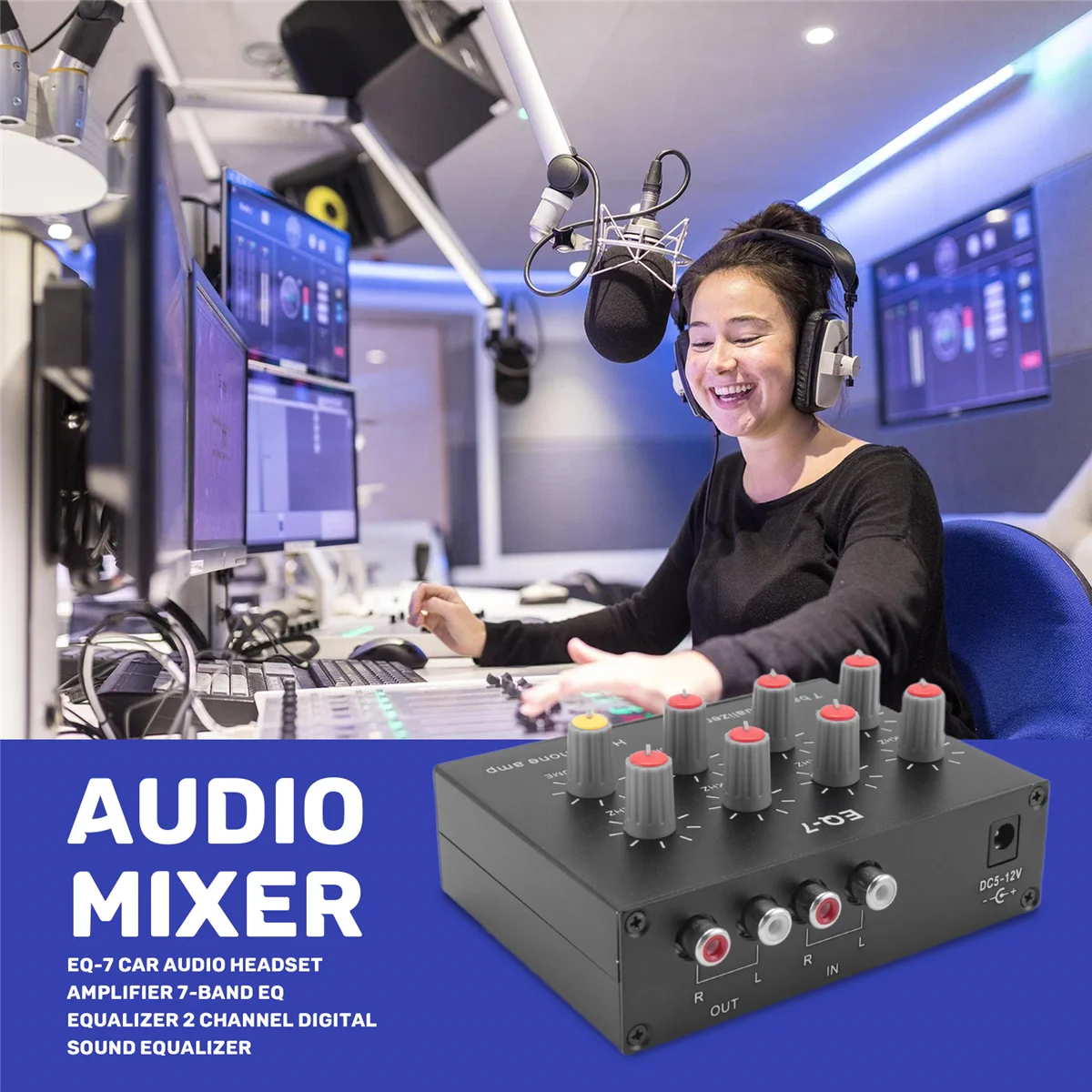 LXLT EQ-7 Amplificatore per cuffie audio per auto Equalizzatore EQ a 7 bande Equalizzatore audio digitale a 2 canali