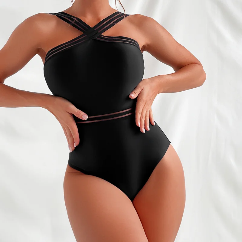 NewbikiniSolid Color Cross Strap One-Piece Sexy Bikini Swimsuit for Women