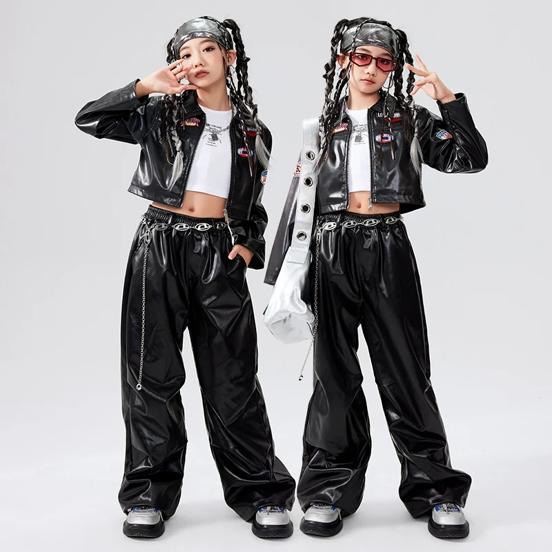 Jazz Dance Set Children Stage Cotume Hip Hop Kpop Dance Wear Fashion Street Dance Suit Girls Clothes Black Jacket Pants AMY1284