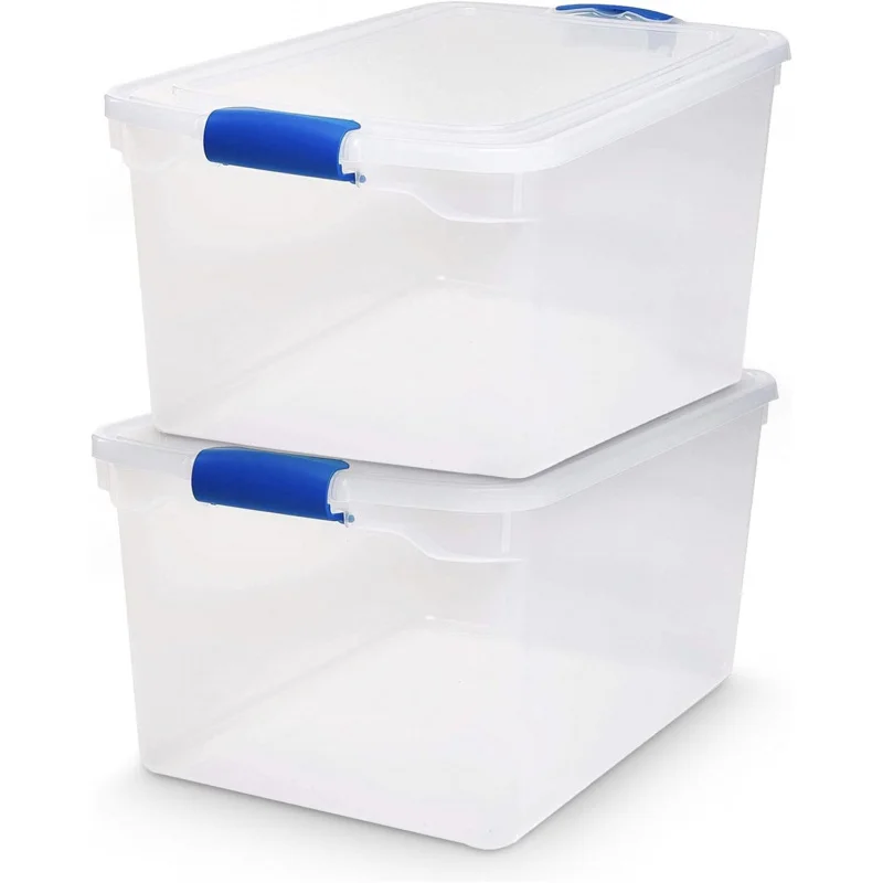 

66 Quart Clear Plastic Storage Bins (2-Pack) - Large w/ Latching Lids (Blue Latch), Stackable for Home/Bathroom/Office