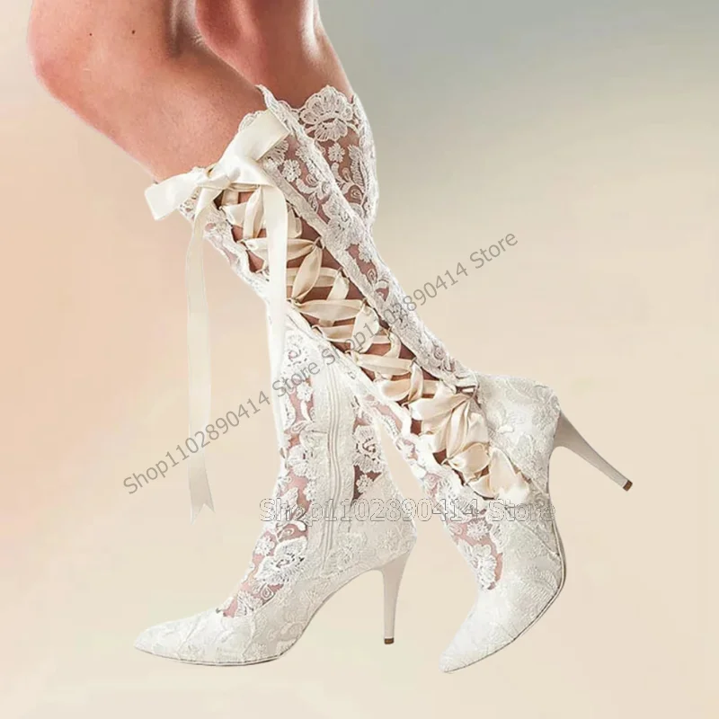 

White Lace Floral Design Silk Ribbon Pointed Toe Boots Side Zipper Women Shoes Thin High Heels Fashion 2024 Zapatos Para Mujere