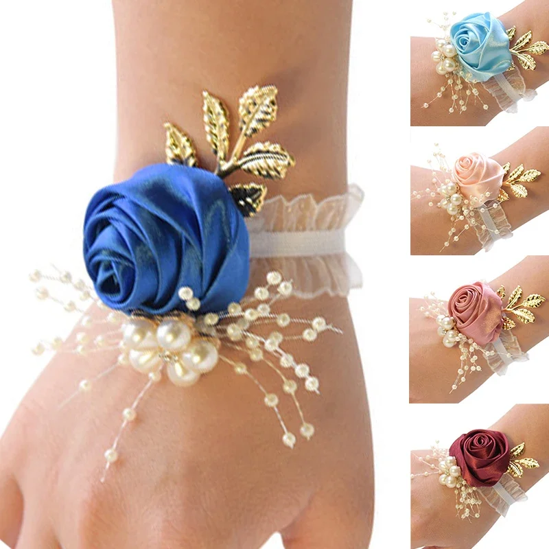 Meisjes Bruidsmeisje Pols Bloemen Bruiloft Prom Party Boutonniere Satijn Roos Armband Stof Hand Bloemen Bruiloft Supply Accessoires