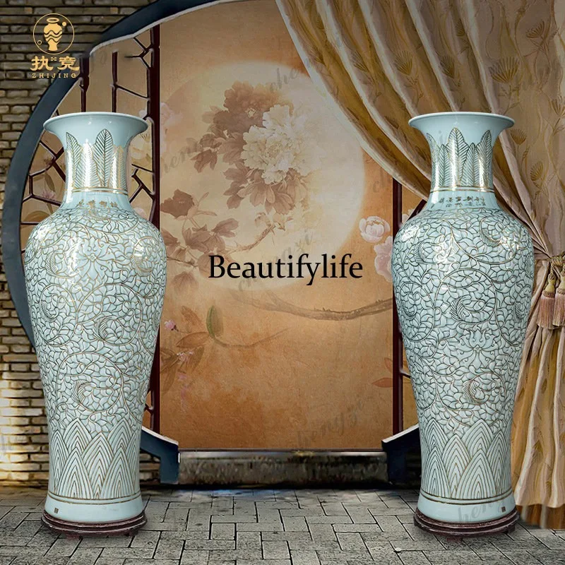 New Chinese light luxury high-end ornaments, living room  villa decoration, extra large Jingdezhen ceramic floor-to-ceiling vase